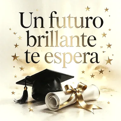 Birrete negro de graduación junto a un diploma enrollado con lazo dorado sobre fondo luminoso con estrellas brillantes, mensaje de felicitación en letras negras y doradas.