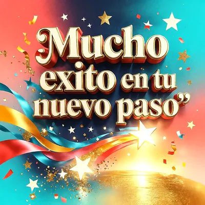 Fondo festivo de colores azul, rojo y amarillo con estrellas doradas, cintas brillantes y un mensaje de felicitación en letras tridimensionales.