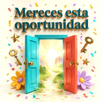 Puertas abiertas en color azul y rojo hacia un paisaje soleado, con llaves doradas, flores, confeti y mensaje de felicitación.