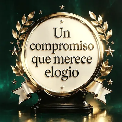 Medalla circular dorada con ramas de laurel y estrellas a los lados, sobre fondo verde oscuro, con un mensaje de felicitación en letras doradas.