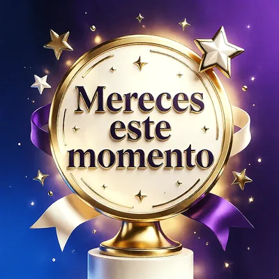 Medalla dorada sobre pedestal con lazos morados, estrellas brillantes y fondo azul con mensaje de felicitación en letras oscuras.