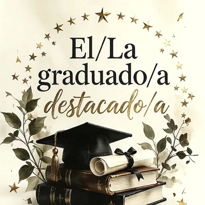 Birrete negro sobre libros antiguos con diploma, marco de estrellas doradas y hojas verdes con mensaje de felicitación de graduación.