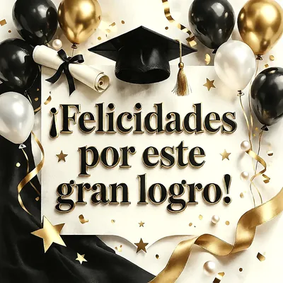 Birrete negro con borla dorada, diploma enrollado, globos negros, blancos y dorados con serpentinas sobre fondo claro y mensaje de felicitación en letras oscuras con borde dorado.
