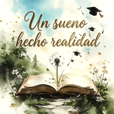 Libro abierto en un sendero natural con un diente de león, birretes volando en el cielo y mensaje de felicitación dorado.