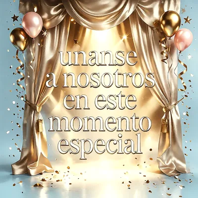 Cortinas doradas de seda con globos rosas y dorados, estrellas brillantes y confeti sobre fondo azul con un mensaje de felicitación en letras doradas.