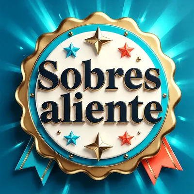 Medalla redonda dorada con estrellas de colores y cintas sobre un fondo azul brillante, con un mensaje de felicitación en letras oscuras.