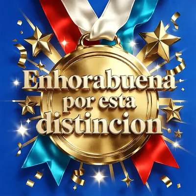 Medalla de oro con cintas tricolores, estrellas doradas y confeti brillante sobre un fondo azul con un mensaje de felicitación en letras doradas.