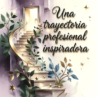 Escalera de caracol que sube hacia una puerta abierta iluminada, decorada con hojas verdes, estrellas doradas y un mensaje de felicitación en letras oscuras.