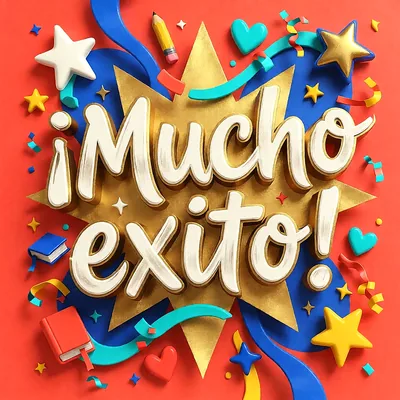 Fondo rojo con estrella dorada central, pequeños libros, lápiz, estrellas de colores y confeti festivo con letras blancas en relieve.