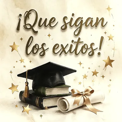 Birrete negro sobre libros de estudio, diploma enrollado con lazo dorado y estrellas, con mensaje de felicitación en letras doradas.