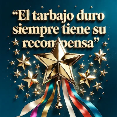 Ilustración de una estrella dorada grande con cintas de colores y estrellas pequeñas sobre un fondo azul oscuro, con un mensaje de felicitación en letras doradas.
