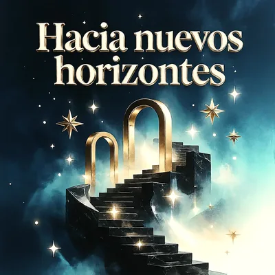 Escalera de piedra oscura ascendiendo hacia arcos dorados brillantes sobre un fondo de cielo azul estrellado, mensaje de felicitación en letras doradas elegantes para logros profesionales.