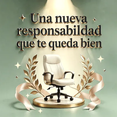 Silla ejecutiva sobre pedestal con hojas de laurel doradas, cintas y destellos sobre fondo verde, con mensaje de felicitación en letras doradas.