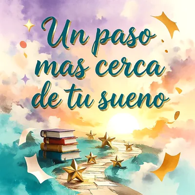 Libros apilados junto a un camino que conduce al sol, decorado con estrellas doradas y un cielo colorido, mensaje de felicitación en letras de color azul oscuro.