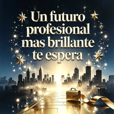 Paisaje urbano con camino dorado hacia el horizonte, un maletín de negocios, estrellas brillantes y luces festivas, con un mensaje de felicitación en letras doradas elegantes.