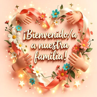Cinta rosa en forma de corazón rodeada de pequeñas manos, flores de colores y estrellas brillantes sobre un fondo rosa suave.