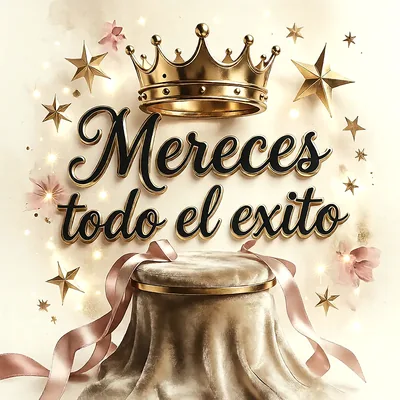 Corona dorada sobre pedestal con fondo crema, estrellas brillantes y cintas decorativas, mensaje de felicitación en letras elegantes sobre un ambiente festivo y de celebración.