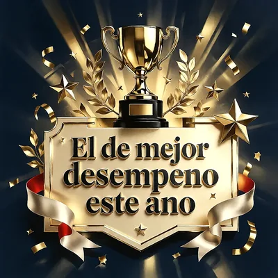 Trofeo dorado brillante sobre un marco de metal con estrellas, confeti y un mensaje de felicitación en letras oscuras.