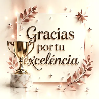 Trofeo dorado sobre base de mármol con hojas de laurel cobrizas, perlas y un mensaje de felicitación en letras doradas sobre fondo claro.