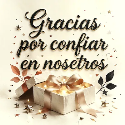 Caja de regalo abierta con lazo dorado y luces interiores rodeada de estrellas y hojas con mensaje de agradecimiento en letras oscuras.