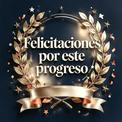 Corona de laurel dorada sobre fondo azul oscuro con pequeñas estrellas, confeti y mensaje de felicitación en letras elegantes.