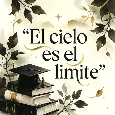 Birrete negro sobre una pila de libros con hojas doradas y verdes alrededor, mensaje de felicitación en letras oscuras.