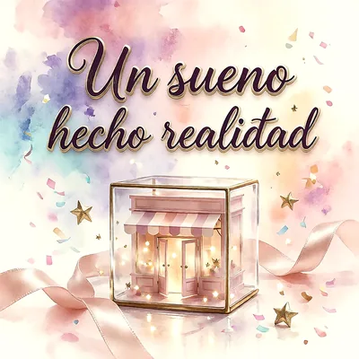 Tienda en miniatura dentro de una caja de cristal con luces, cintas rosadas, confeti y mensaje de felicitación en letras oscuras.