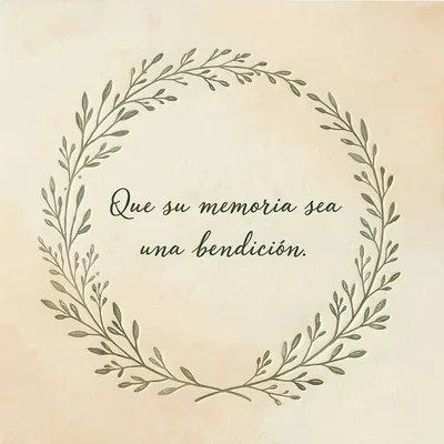 Tarjeta de pésame con un delicado marco circular de ramas y hojas verdes. El mensaje central dice 'Que su memoria sea una bendición' en letras cursivas sobre un fondo crema con textura.