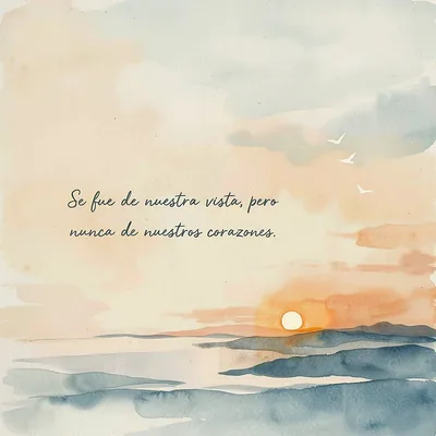 Acuarela de atardecer con sol y paisaje marino en tonos ocres y azules, con aves volando. Frase de pésame: 'Se fue de nuestra vista, pero nunca de nuestros corazones'.