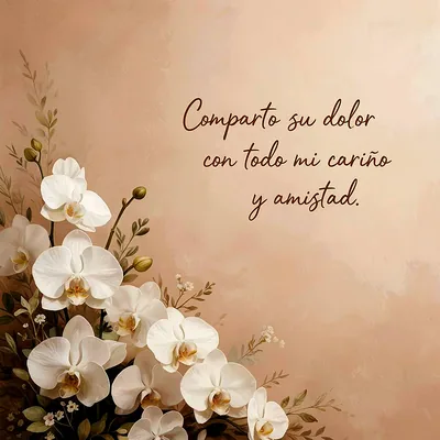 Imagen de pésame con orquídeas blancas floreciendo y capullos sobre un fondo melocotón. Incluye el texto 'Comparto su dolor con todo mi cariño y amistad' en fuente manuscrita.
