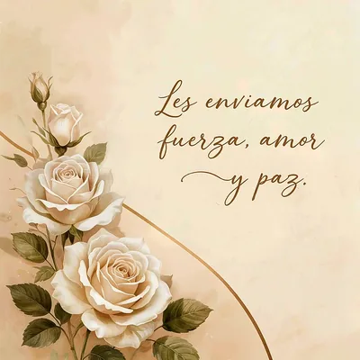Imagen de pésame con tres rosas blancas crema y hojas verdes sobre fondo beige. El texto marrón en caligrafía elegante dice 'Les enviamos fuerza, amor y paz'.