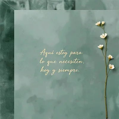 Imagen de pésame en tonos verde teal con un tallo de pequeñas flores blancas y el texto 'Aquí estoy para lo que necesiten, hoy y siempre' en letras doradas.