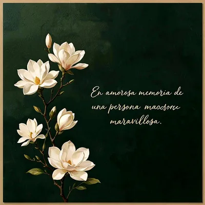 Rama de magnolias blancas y capullos sobre un fondo verde oscuro, con un mensaje de memoria. El texto visible dice 'En amorosa memoria de una persona maravillosa'.
