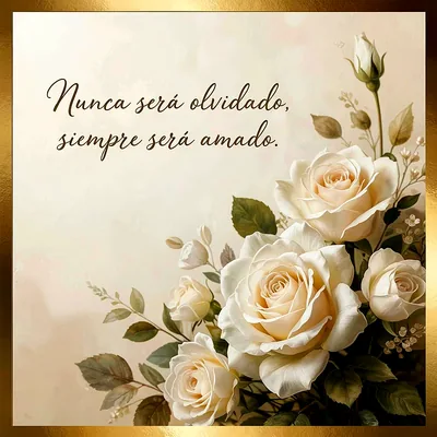 Tarjeta de pésame con delicadas rosas blancas y crema, hojas verdes, sobre un fondo beige, enmarcada en dorado. El texto visible es 'Nunca será olvidado, siempre será amado'.