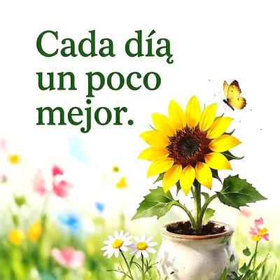 Girasol amarillo en maceta de cerámica con mariposa dorada y flores silvestres en el campo, mensaje de ánimo en letras verdes.
