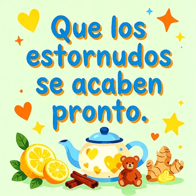 Ilustración con tetera, rodajas de limón, jengibre, canela y un pequeño oso de peluche sobre fondo claro, con mensaje de ánimo en letras azules.