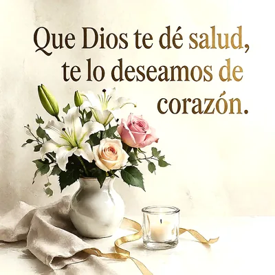 Florero cerámico con azucenas blancas y rosas junto a una vela encendida, con un mensaje de fe en letras doradas sobre fondo claro.