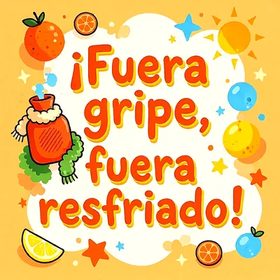 Ilustración colorida con bolsa de agua caliente con bufanda, naranjas, limones y sol brillante sobre fondo amarillo, con mensaje de recuperación.