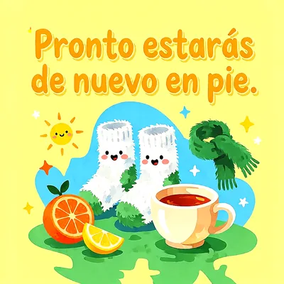 Ilustración tierna con calcetines blancos sonrientes, taza de té caliente, naranja, bufanda verde y sol sobre fondo amarillo con mensaje de ánimo.