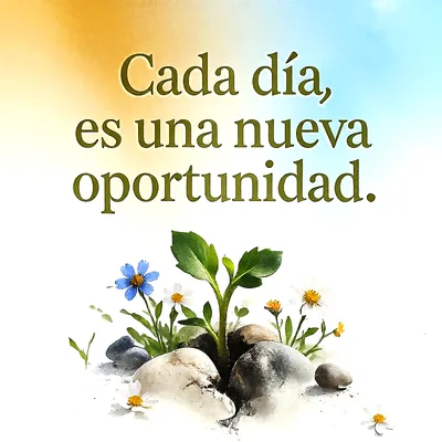 Planta pequeña brotando entre piedras grises rodeada de flores silvestres pequeñas blancas y azules sobre un fondo degradado de colores suaves, mensaje motivador en letras oscuras.