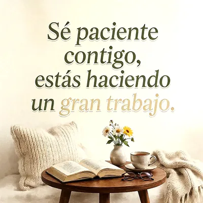 Mesa de madera con libro abierto, taza de té caliente, gafas y florero junto a cojines tejidos, con mensaje de aliento.
