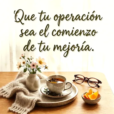 Taza de té caliente sobre una mesa de madera con un florero pequeño, gafas y rodajas de naranja, con mensaje de ánimo en letras verdes.