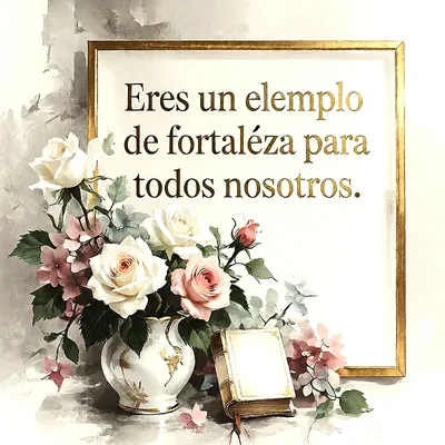 Cuadro dorado con mensaje de fortaleza en letras doradas, junto a un florero con rosas blancas y rosas, un libro y fondo claro.