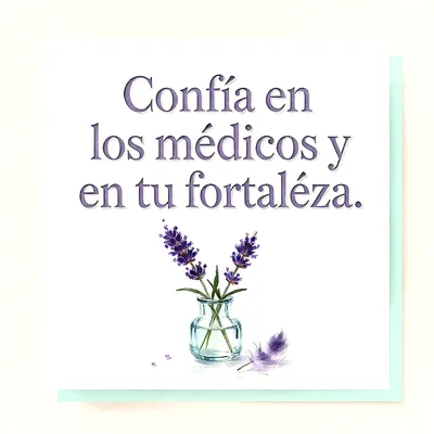 Tarjeta blanca con florero de cristal con lavanda y pluma lila, acompañada de mensaje de ánimo en letras moradas.