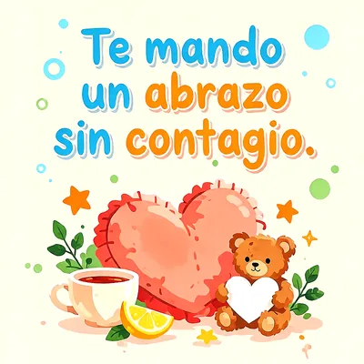 Cojín en forma de corazón rosado junto a un osito de peluche, taza de té caliente y limón con mensaje de aliento en letras azules y naranjas.