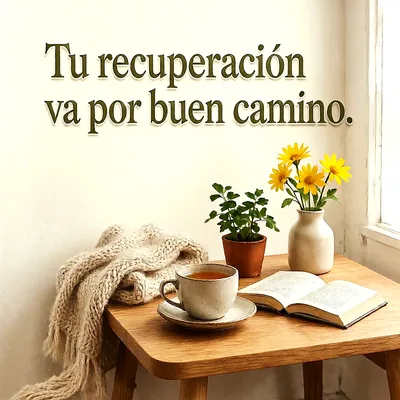 Mesa de madera con una taza de té, un libro abierto, flores amarillas en jarrón y mensaje de ánimo en la pared.