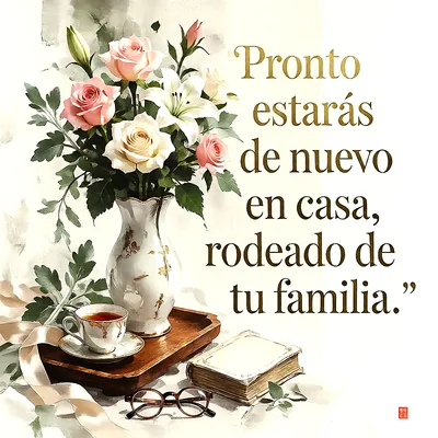 Jarrón clásico con rosas rosadas, azucenas blancas, taza de té sobre bandeja de madera, libro y gafas con mensaje dorado.