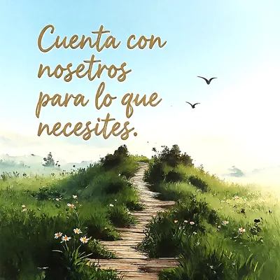 Sendero de madera en una colina verde con flores silvestres, aves en el cielo celeste y mensaje de apoyo en letras doradas.