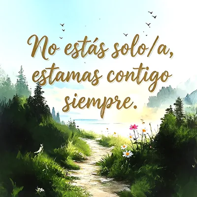 Camino de tierra rodeado de vegetación verde, flores silvestres y mar iluminado al amanecer, con mensaje de aliento en letras doradas.