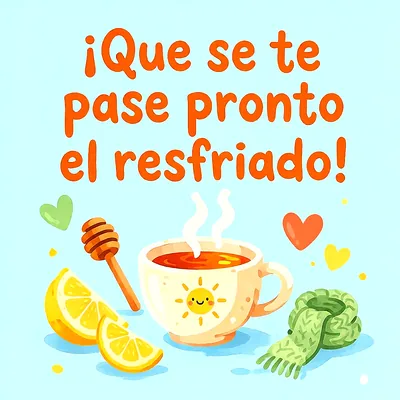 Taza de té caliente con dibujo de sol, rodajas de limón, miel, bufanda verde y corazones sobre fondo celeste con mensaje naranja.